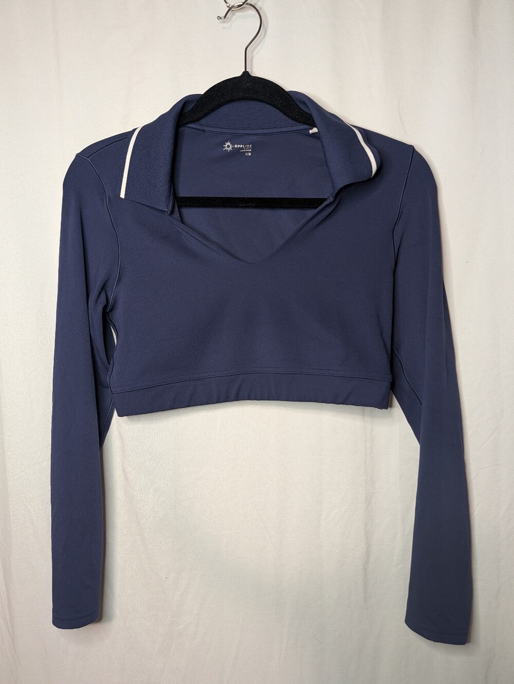 OFFLINE By Aerie Real Me Long Sleeve Polo Shirt Royal Navy Blue Women's Size Lrg - Picture 2 of 16